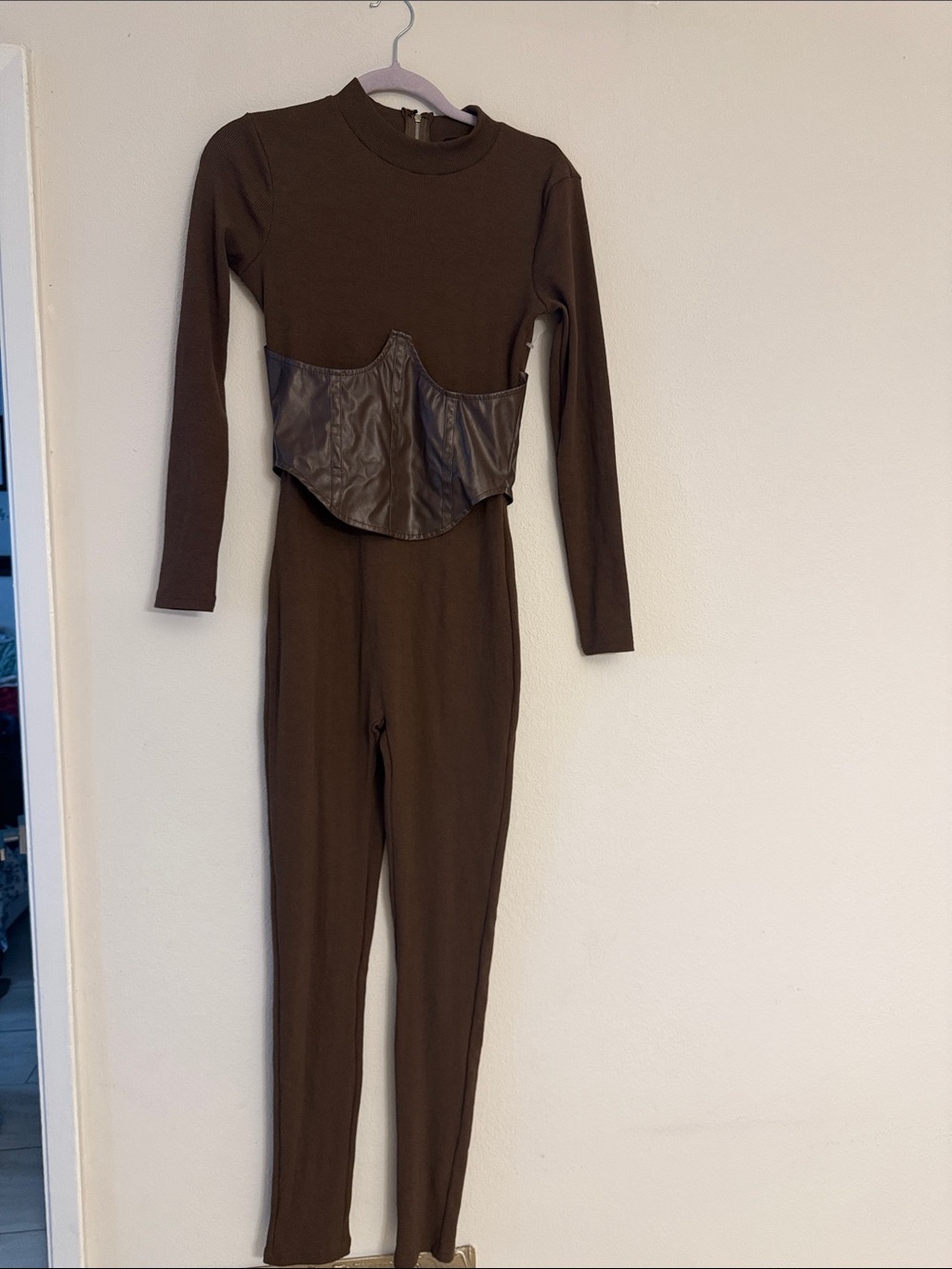 Brown Long-Sleeve Knit Jumpsuit with Faux Leather Waist Corset